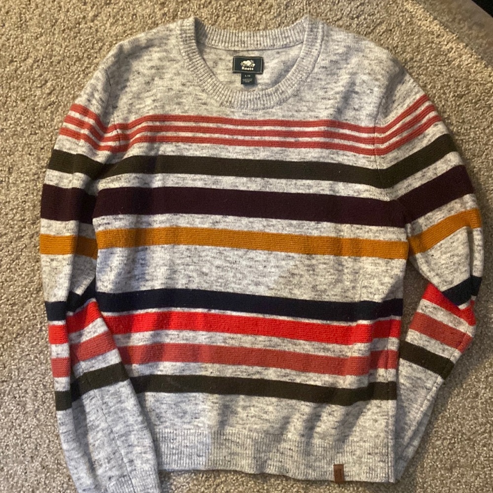 Roots heather gray striped multicolor sweater